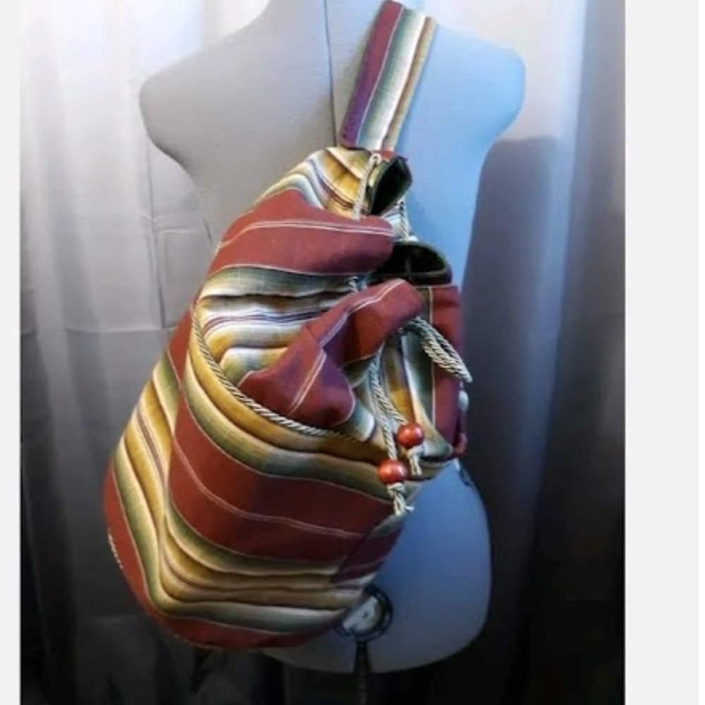 Southwestern Sarape Bucket Tote Sling Bag Western Stripe Maroon Green Tan Large
